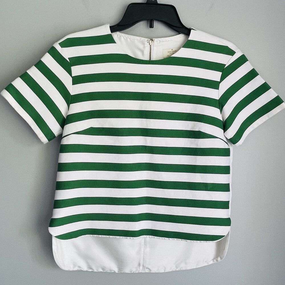Kate Spade Live Colorfully Top Women's Sz 0 Green White Stripe Zip Cotton Silk
